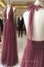 Burgundy Tulle Halter Deep V Neck Backless Prom Dresses