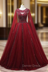 Burgundy Tulle Heavy Beading Prom Dresses