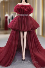 Burgundy Tulle Strapless Prom Dresses