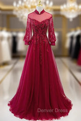 Burgundy Tulle High Neck Long Sleeve Appliques Prom Dresses