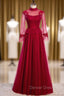 Burgundy Tulle High Neck Long Sleeve Backless Prom Dresses