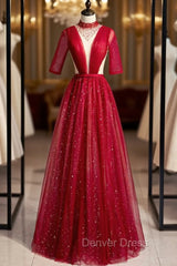 Burgundy Tulle High Neck Short Sleeve Pleats Beading Prom Dresses