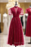 Burgundy Tulle High Neck Short Sleeve Prom Dresses
