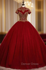 Burgundy Tulle High Neck Short Sleeve Quinceanera Dresses