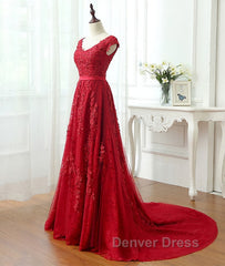 Burgundy tulle lace applique long prom Dresses, burgundy evening Dresses