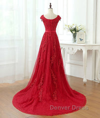 Burgundy tulle lace applique long prom Dresses, burgundy evening Dresses