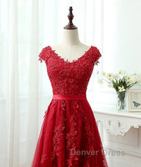 Burgundy tulle lace applique long prom Dresses, burgundy evening Dresses