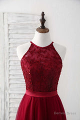 Burgundy Tulle Lace Long Prom Dress, Burgundy Bridesmaid Dress