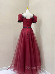 Burgundy Tulle Lace Long Prom Dresses, Burgundy Evening Dresses
