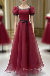 Burgundy Tulle Lace Long Prom Dresses, Burgundy Evening Dresses