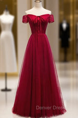 Burgundy Tulle Lace Off the Shoulder Prom Dresses With Button