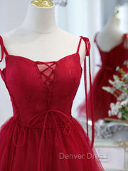 Burgundy Tulle Lace Short Prom Dresses, Burgundy Homecoming Dresses