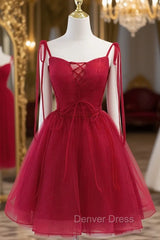 Burgundy Tulle Lace Short Prom Dresses, Burgundy Homecoming Dresses