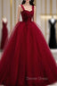 Burgundy Tulle Long A Line Prom Dress, Off the Shoulder Prom Dresses