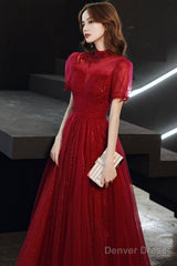 Burgundy Tulle Long A-Line Prom Dress, Burgundy Lace Evening Dress