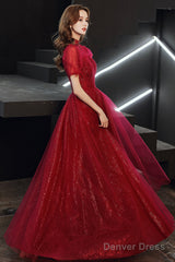 Burgundy Tulle Long A-Line Prom Dress, Burgundy Lace Evening Dress