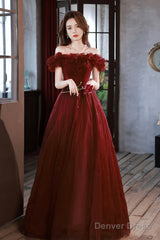 Burgundy Tulle Long A-Line Prom Dress, Cute Off The Shoulder Evening Dress
