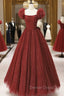 Burgundy Tulle Long A Line Prom Dress, Cute Short Sleeve Prom Dresses