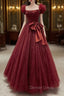 Burgundy Tulle Long A-Line Prom Dresses, Lovely Evening Graduation Dresses