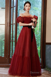 Burgundy Tulle Long A-Line Prom Dress, Off The Shoulder Evening Dress
