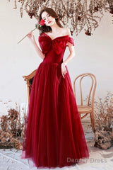 Burgundy Tulle Long A-Line Prom Dress With Bow, Burgundy Evening Graduation Dress