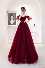 Burgundy Tulle Long Evening Dress, Cute A-Line Off The Shoulder Graduation Dress