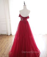 Burgundy Tulle Long Prom Dresses, A line Burgundy Formal Party Dresses