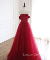 Burgundy Tulle Long Prom Dresses, A line Burgundy Formal Party Dresses