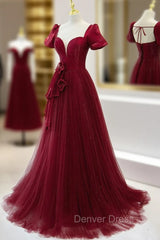 Burgundy Tulle Long Prom Dresses, Burgundy Tulle Evening Dresses