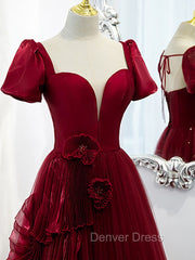 Burgundy Tulle Long Prom Dresses, Burgundy Tulle Evening Dresses