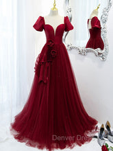 Burgundy Tulle Long Prom Dresses, Burgundy Tulle Evening Dresses