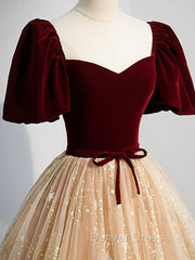 Burgundy Tulle Long Prom Dresses, Burgundy Tulle Formal Dresses