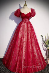 Burgundy Tulle Long Prom Dresses with Sequins, A-Line Short Sleeve Evening Dresses