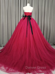 Burgundy Tulle Long Prom Gown, Burgundy Tulle Sweet 16 Dresses