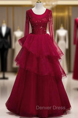 Burgundy Tulle Long Sleeve Beading Prom Dresses