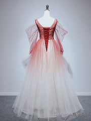 Burgundy Tulle Off Shoulder Beads Long Prom Dress, Burgundy Evening Dress