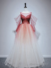 Burgundy Tulle Off Shoulder Beads Long Prom Dress, Burgundy Evening Dress