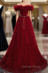 Burgundy Tulle Off Shoulder Long Prom Dresses, Burgundy Evening Dresses