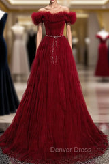 Burgundy Tulle Off Shoulder Long Prom Dresses, Burgundy Evening Dresses