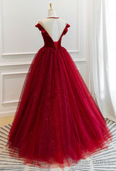 Burgundy Tulle Off Shoulder Long Prom Dress, Burgundy Tulle Formal Dress
