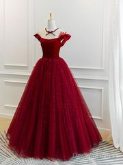 Burgundy Tulle Off Shoulder Long Prom Dress, Burgundy Tulle Formal Dress