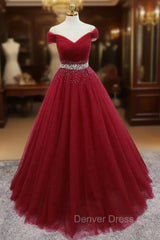 Burgundy Tulle Off the Shoulder Pleats Beading Prom Dresses
