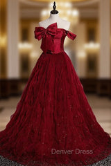 Burgundy Tulle Off the Shoulder Pleats Bow Prom Dresses