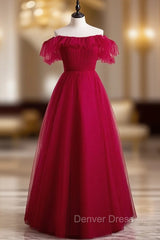 Burgundy Tulle Off the Shoulder Pleats Prom Dresses
