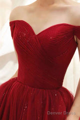 Burgundy Tulle Off The Shoulder Prom Dress, A-Line Formal Evening Dress