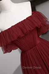 Burgundy Tulle Off the Shoulder Prom Dresses, Long A-Line Evening Dresses