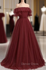 Burgundy Tulle Off the Shoulder Prom Dresses, Long A-Line Evening Dresses