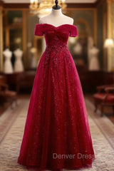 Burgundy Tulle Off the Shoulder Sequins Beading Prom Dresses