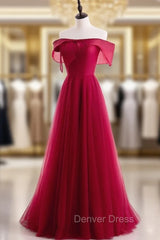 Burgundy Tulle Pearls Off the Shoulder Prom Dresses