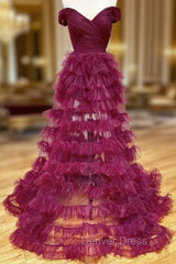 Burgundy Tulle Pleats Off the Shoulder Prom Dresses